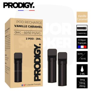 Prodigy vanille caramel, Prodigy recharge vanille caramel, Prodigy recharge prix, Prodigy Pod vanille, Recharge prodigy pas cher, Prodigy recharge ou acheter, Prodigy rechargeable vanille caramel, Prodigy vape